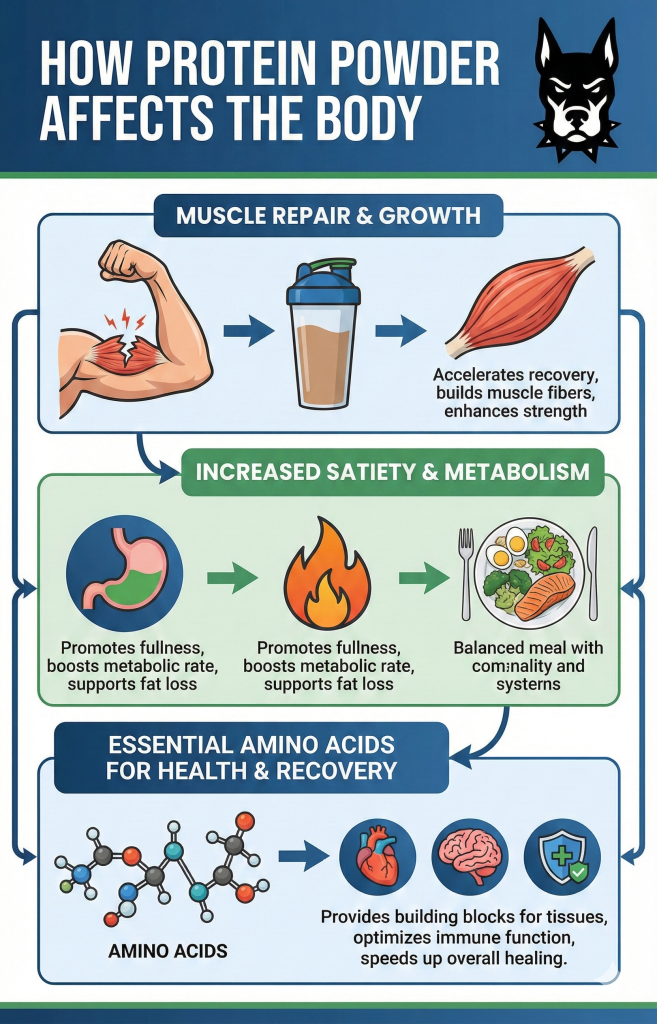 Infographic illustrating how protein powder affects the body, showing that it aids in Muscle Repair and Growth, increases Satiety and Metabolism, and provides Essential Amino Acids for overall health and recovery.