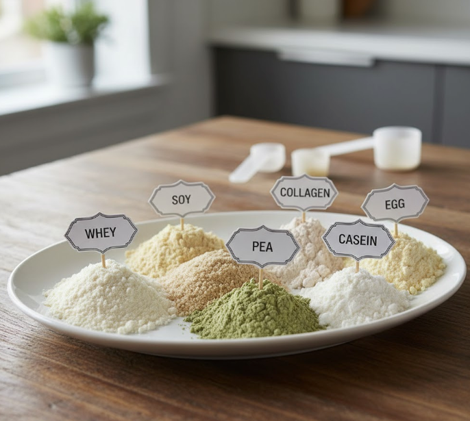 A white plate on a wooden table with seven piles of powdered protein supplements, each labeled: Whey, Soy, Rice, Pea, Casein, Collagen, and Egg.