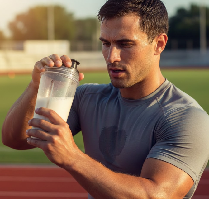 A sweaty male athlete in a grey t-shirt standing on an outdoor running track, holding a shaker bottle with both hands and mixing a white protein shake.