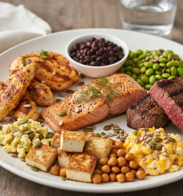 A large plate featuring a mix of animal and plant-based proteins, including salmon, chicken, steak, tofu, eggs, beans, and seeds.
