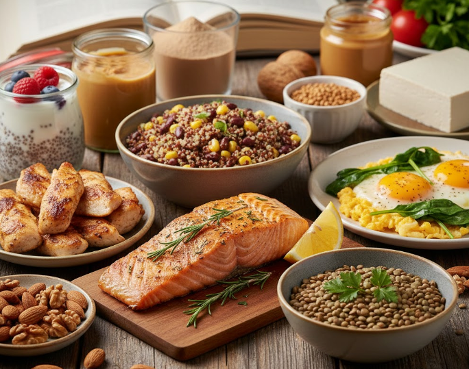 A diverse spread of high-protein foods arranged on a rustic wooden table. The display features a grilled salmon fillet seasoned with herbs, a plate of grilled chicken breast strips, and fried eggs with spinach. Plant-based options include a block of firm tofu, a bowl of lentils, a quinoa and bean salad, mixed nuts including almonds and walnuts, a jar of nut butter, and a glass of yogurt topped with berries and chia seeds.
