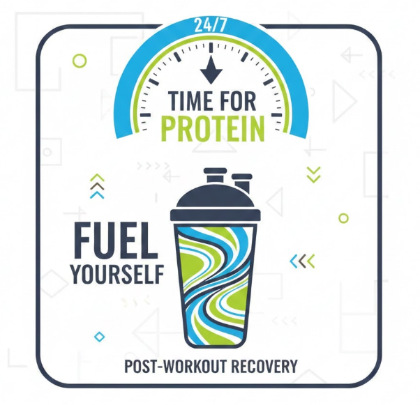 A flat-style infographic illustration featuring a stylized clock gauge at the top with the text 'Time for Protein.' Below the clock is a blue and green striped protein shaker bottle. The text 'Fuel Yourself' appears to the left of the bottle, and 'Post-Workout Recovery' is written at the bottom.