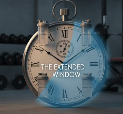 Clock illustration showing extended anabolic window of 4 to 6 hours for post-workout protein consumption