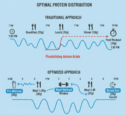 Optimal daily protein distribution schedule showing flexible meal timing for muscle growth and recovery