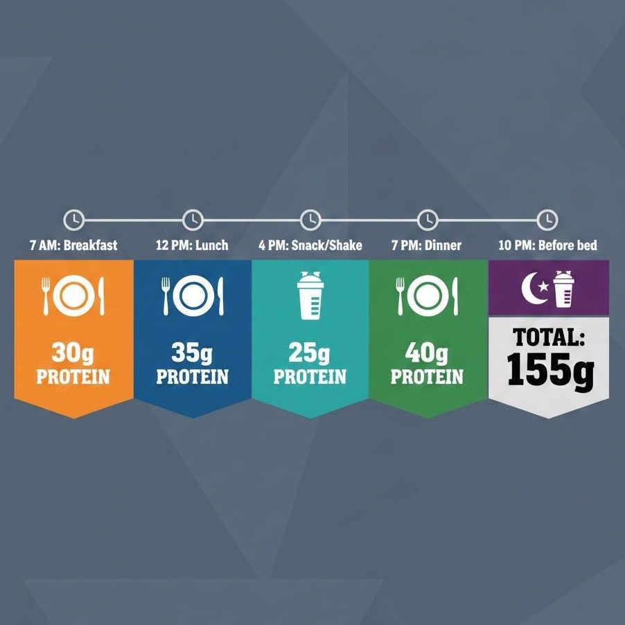 Daily protein distribution timeline showing 5 meals totaling 155 grams of protein for optimal muscle growth