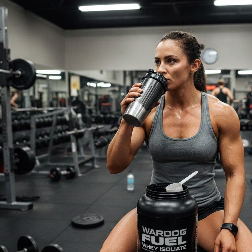 Athlete consuming high-quality protein shake after intense weight training workout"