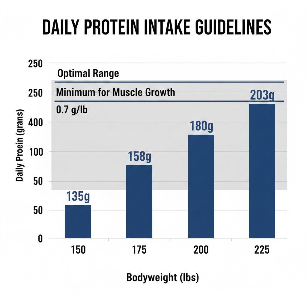 Chart showing optimal daily protein intake ranging from 0.7 to 1.0 grams per pound of bodyweight for muscle growth