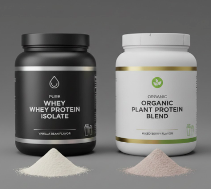 Side by side comparison of whey protein powder and plant-based protein powder containers