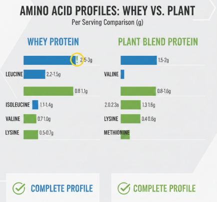 Amino acid profile comparison showing leucine content and essential amino acids in whey versus plant protein