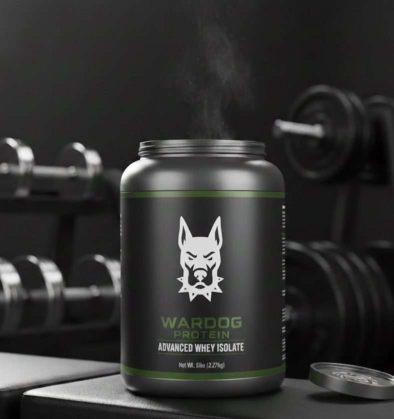 Premium protein powder for muscle gain on gym bench with weights