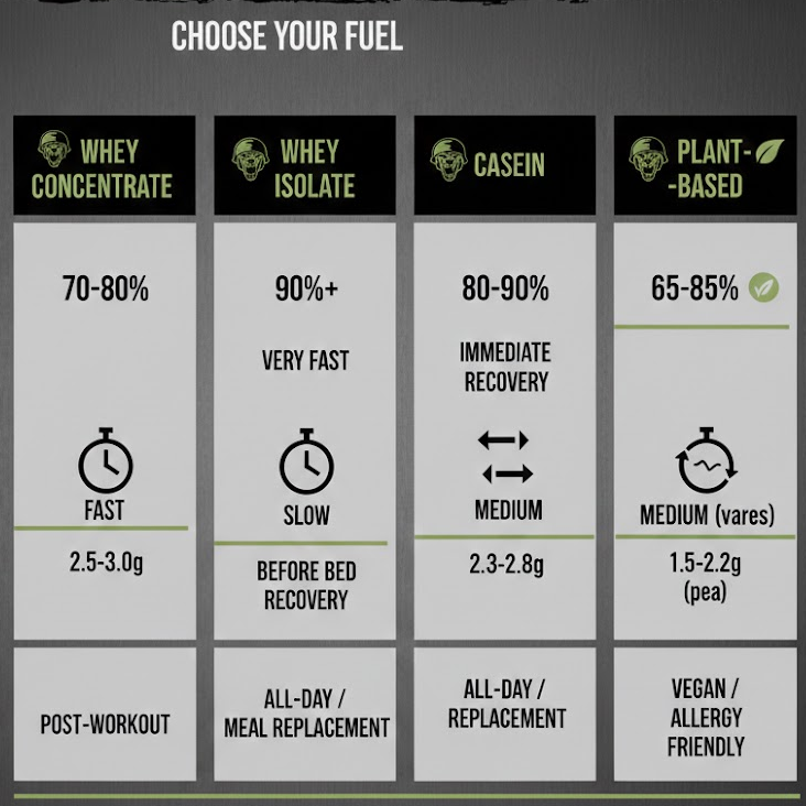 Comparison chart of whey isolate, concentrate, casein and plant protein types for muscle building