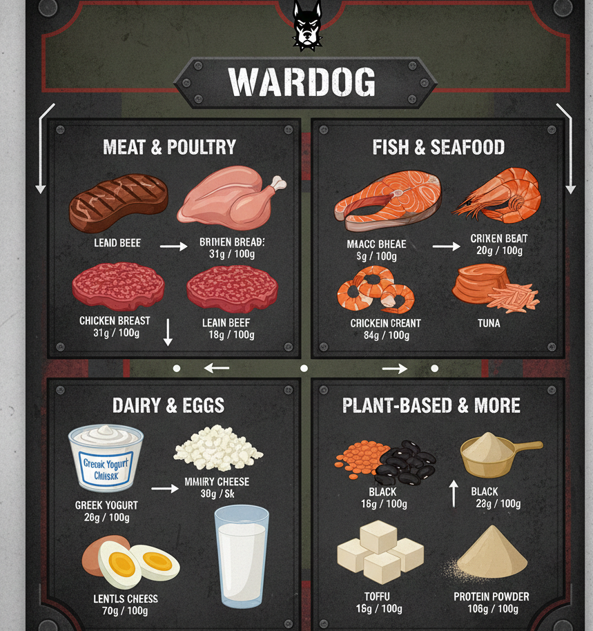 An infographic titled 'WARDOG' featuring a Doberman pinscher logo in a tactical, dark-themed aesthetic. The graphic is divided into four quadrants displaying high-protein food sources with protein counts per 100g. Categories include: 'Meat & Poultry' (featuring chicken breast and lean beef), 'Fish & Seafood' (featuring salmon and tuna), 'Dairy & Eggs' (featuring Greek yogurt and eggs), and 'Plant-Based & More' (featuring lentils, tofu, and protein powder). The design uses a rugged, metallic grey and black color palette with red accents.
