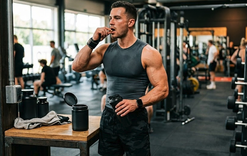 A muscular man in a grey sleeveless shirt and camo shorts stands in a well-equipped gym. He is taking a supplement pill from a black container, with a shaker bottle in his other hand.