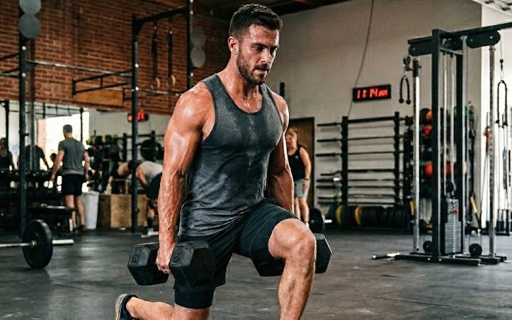 A shot of a fit man performing a weighted lunge with dumbbells. He is sweating and focused, surrounded by gym equipment like barbells and racks in a brick-walled CrossFit-style facility.