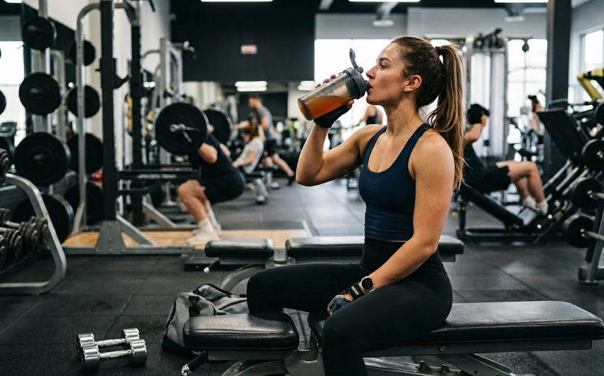 Fitness enthusiast taking a hydration break on a weight bench, surrounded by gym equipment.