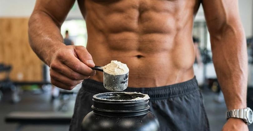 A close-up shot of a muscular man in a gym, holding a protein powder scoop filled with supplement over a large, black, 'Mass Build Pure Whey Protein' jar.