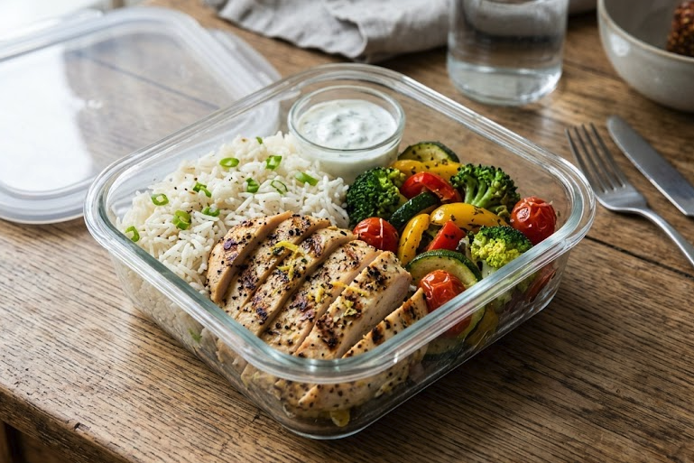 high-protein meal with grilled chicken, rice, and vegetables in a meal prep container
